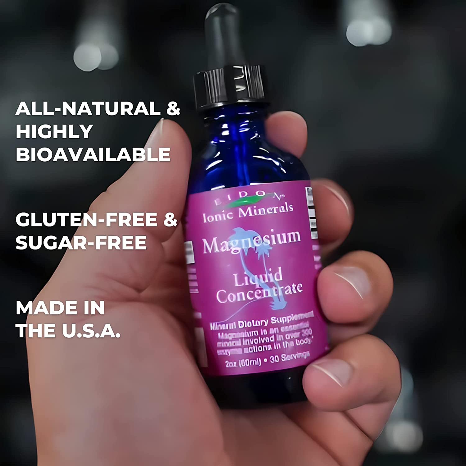 Eidon Liquid Magnesium Concentrate label close-up showing natural ingredients and USA-made quality