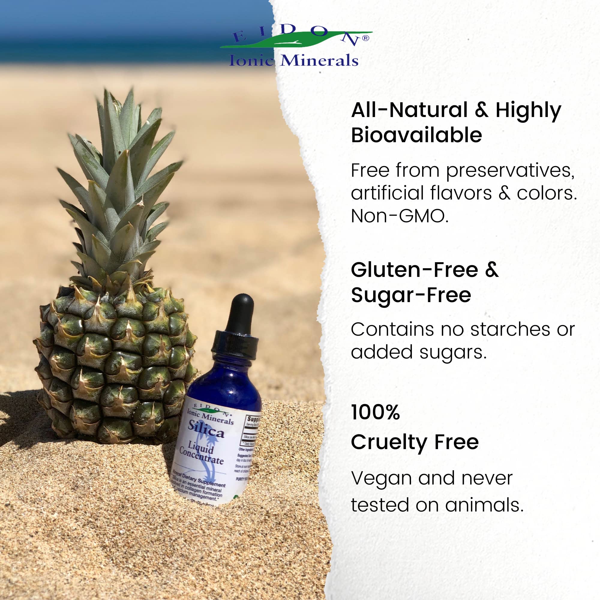 Eidon Liquid Silica for hair, skin, and nails concept visualization.