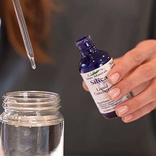 Eidon silica bottle and hair illustration indicate benefits for hair, skin, nails.