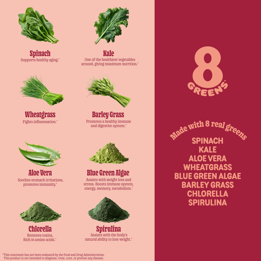 8Greens pack-shot showing portable, convenient daily greens solution.