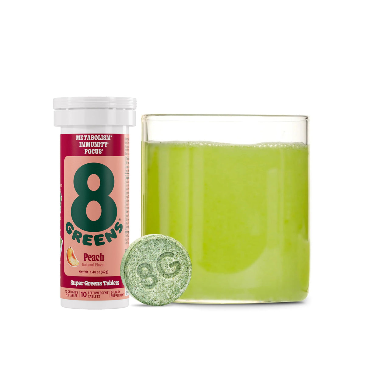 8Greens peach-flavor tablets for daily greens support in a portable format.