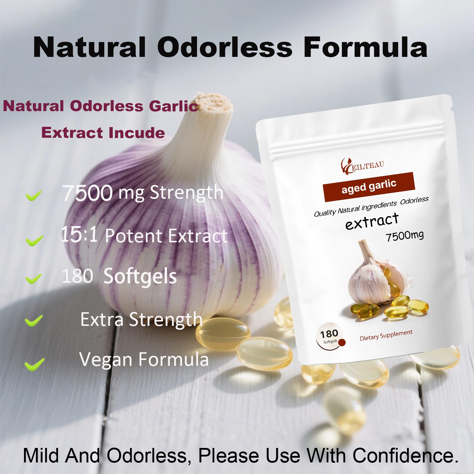EILTEAU aged garlic extract softgels close-up showing smooth coating for gentle digestion.
