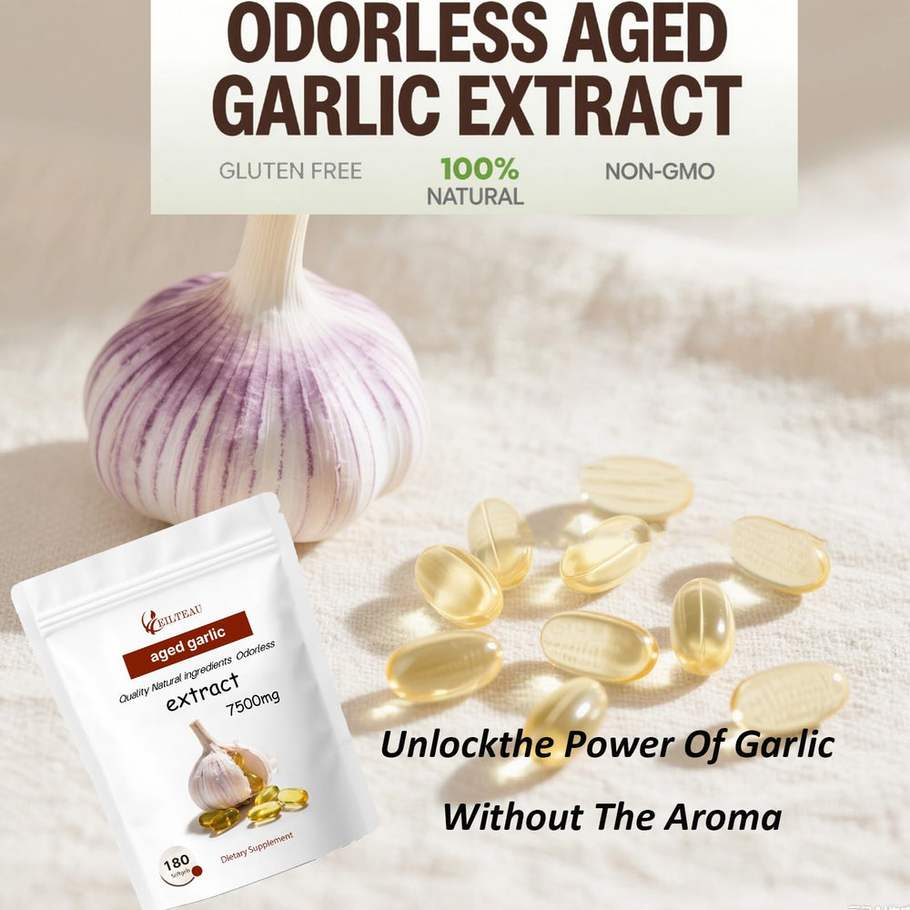 EILTEAU aged garlic extract bottle label notes high potency antioxidants.