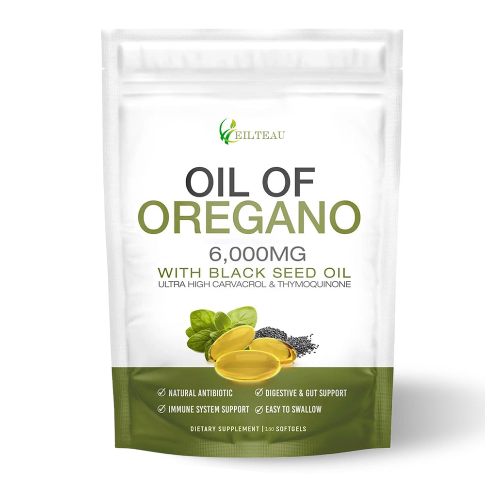 EILTEAU Oil of oregano with black seed oil bottle shows two-in-one immune support in a single package