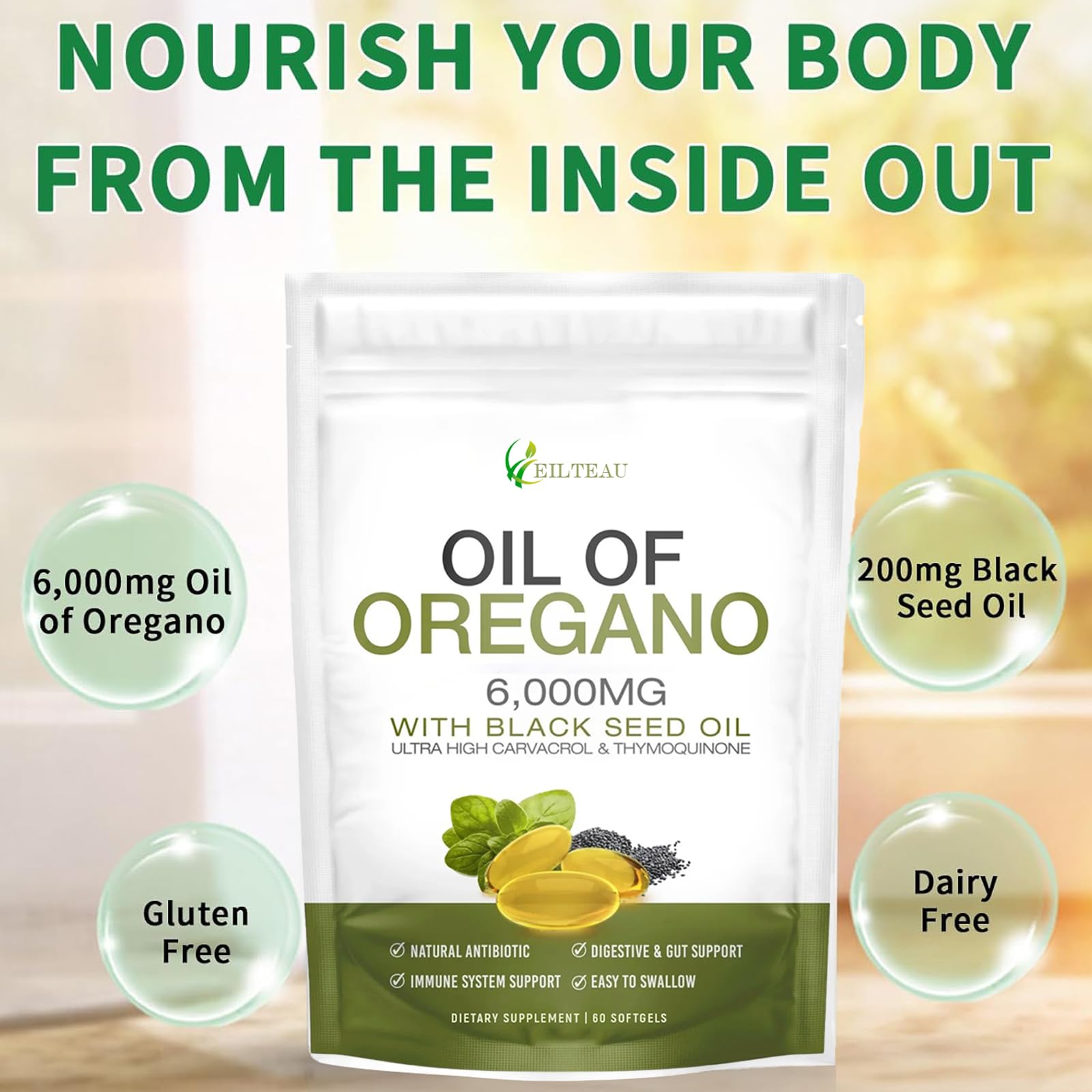 EILTEAU oregano oil softgel closeup reveals odorless capsules