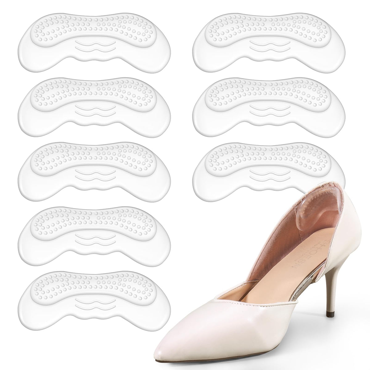 EIRMAT invisible heel pads attach to the shoe back for discreet protection.