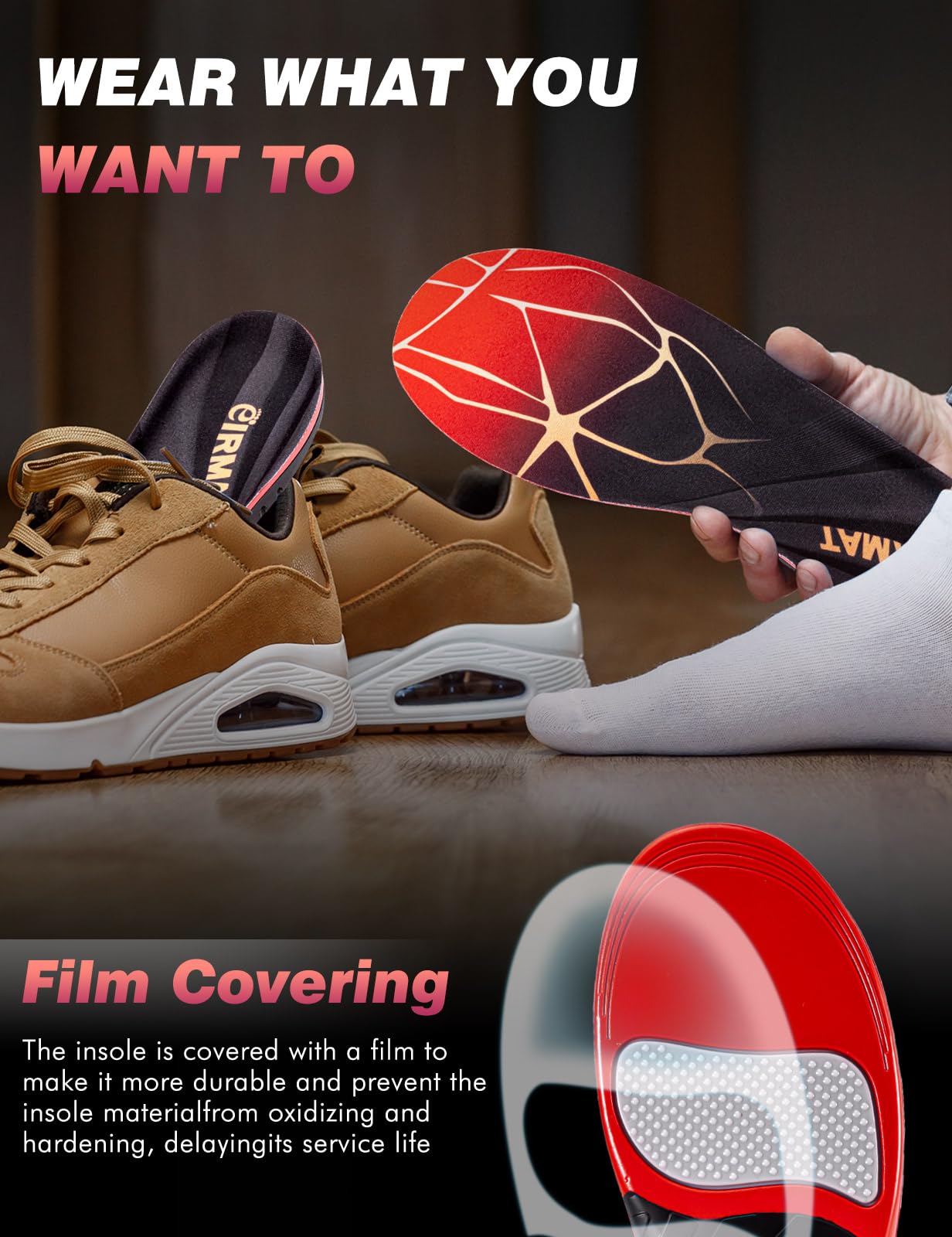 EIRMAT arch-support insoles designed for running and hiking in sneakers.
