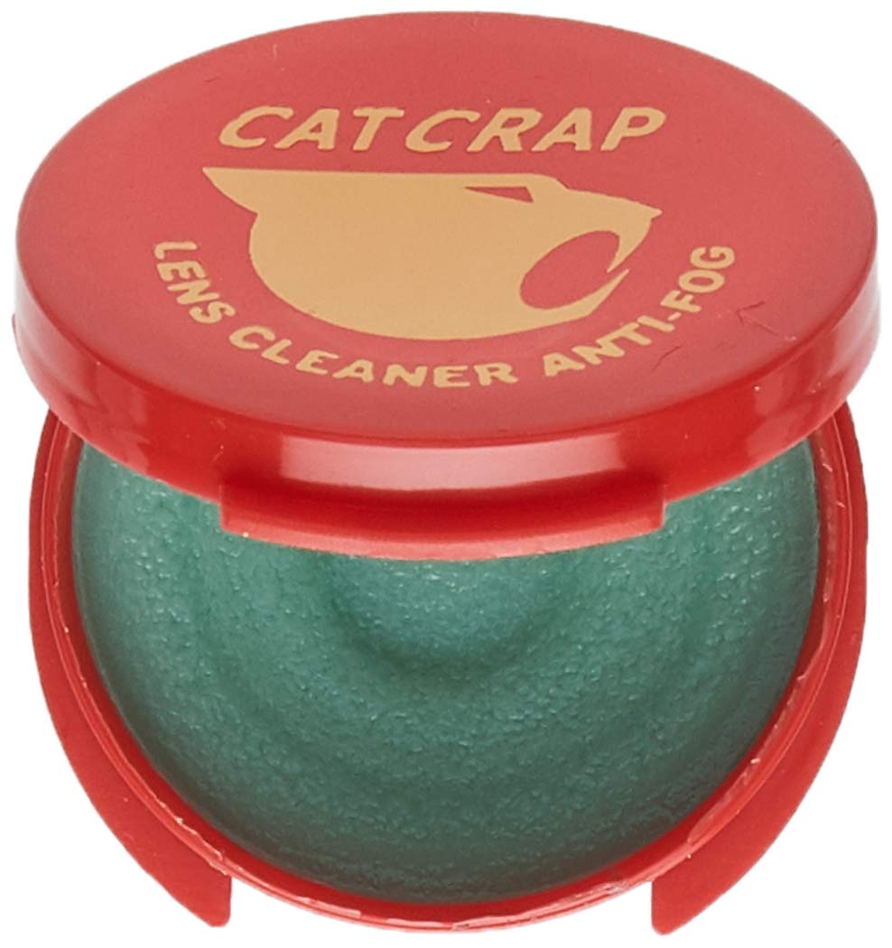 EK Cat Crap anti-fog balm bottle on lens for clear vision