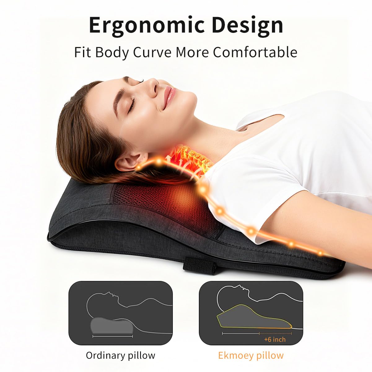 Ekmoey 3D kneading pillow targets neck and upper back for relaxing sessions.