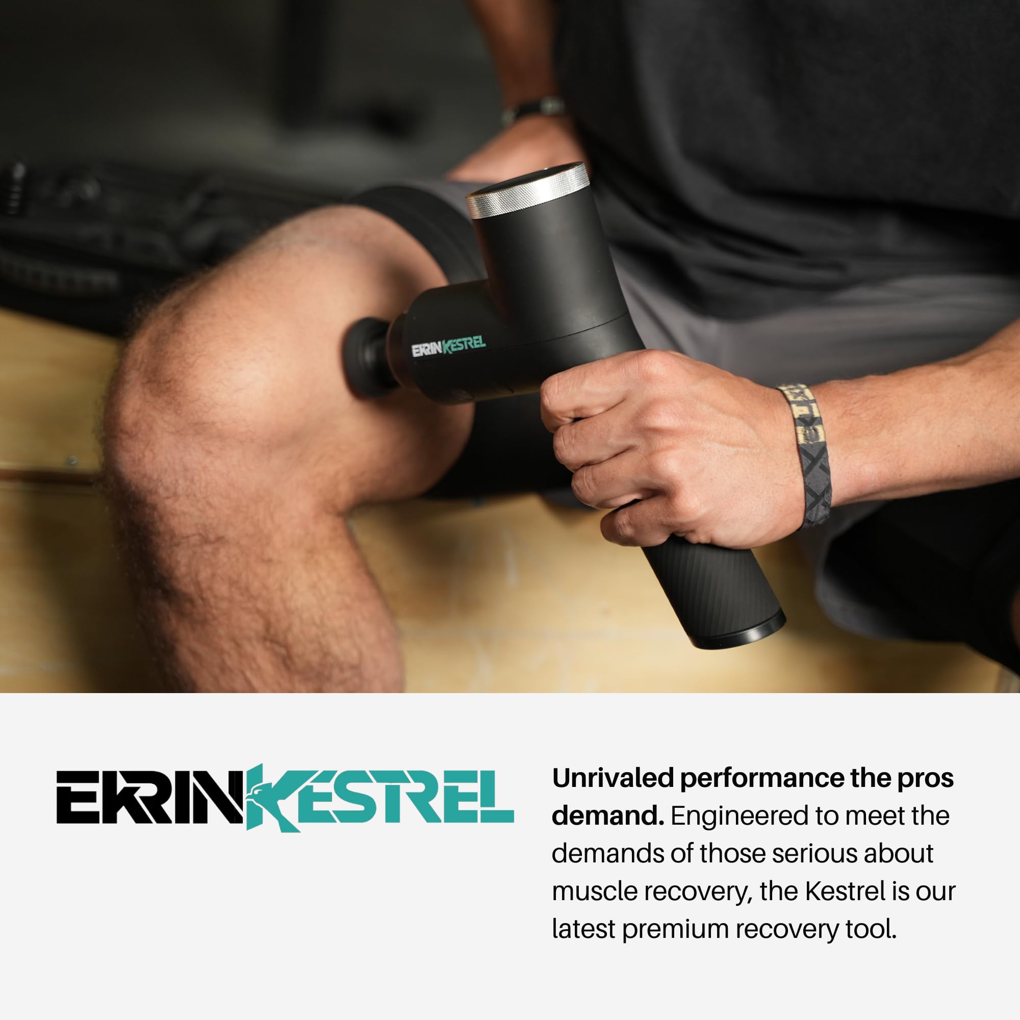 Kestrel massage gun with scroll wheel for quick RPM adjustments