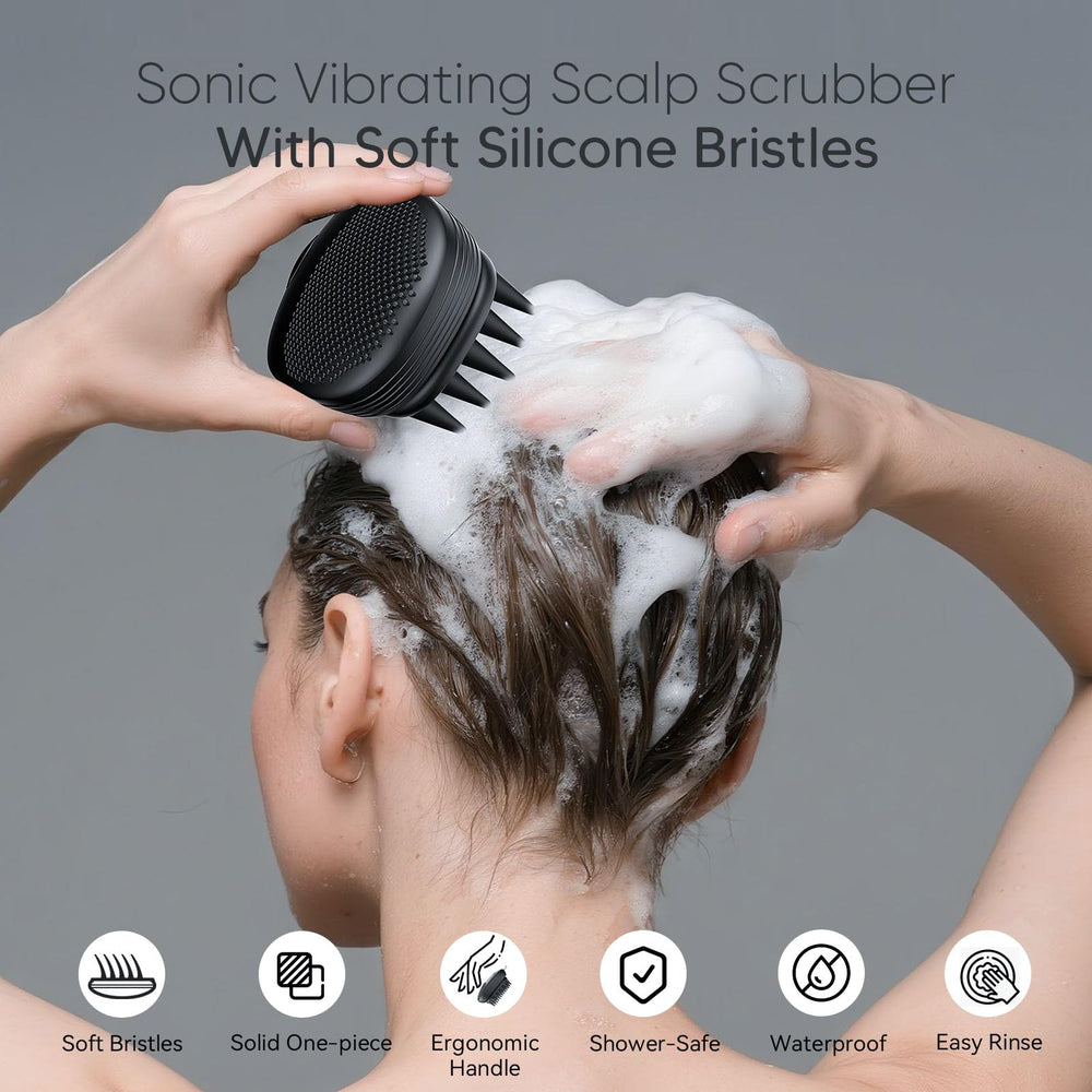 EKZ silicone shampoo brush provides gentle scalp exfoliation during wash.