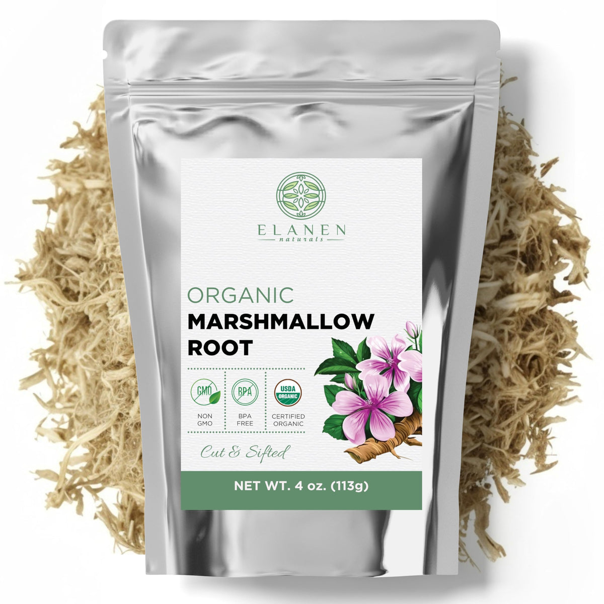 Elanen Naturals marshmallow root cut and sifted for bulk tea purposes