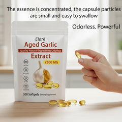 ELARE Aged Garlic Extract bottle label showing 7500 mg potency for daily vitality