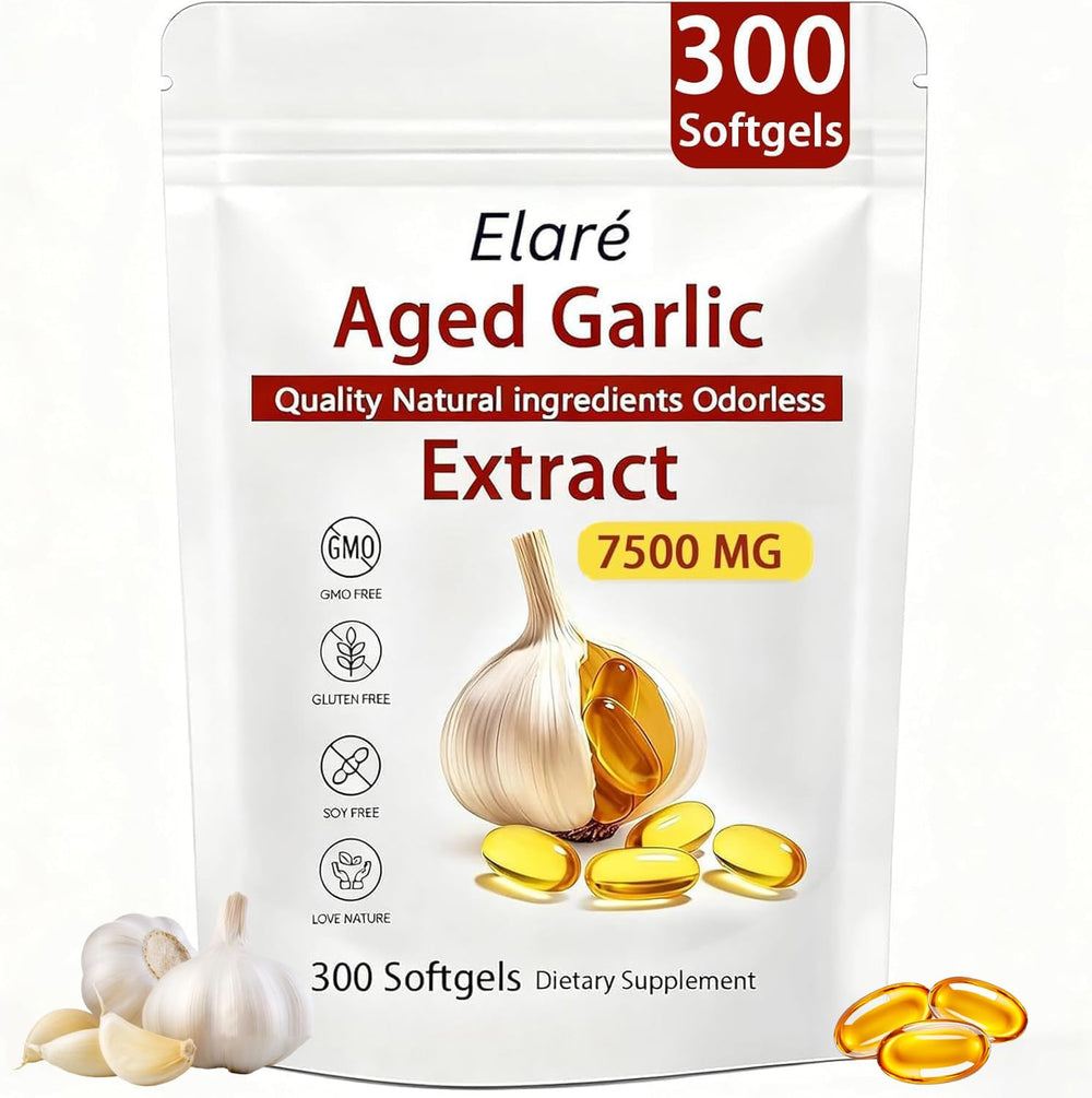 ELARE Aged Garlic Extract bottle with odorless softgels for daily immune support