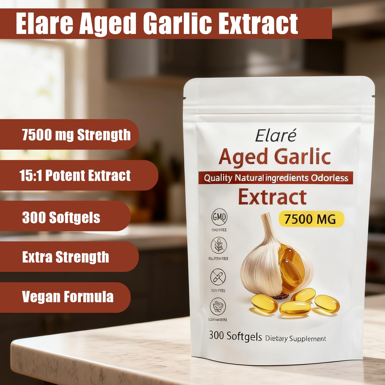 Close-up of ELARE softgels highlighting odorless formula for gentle digestion