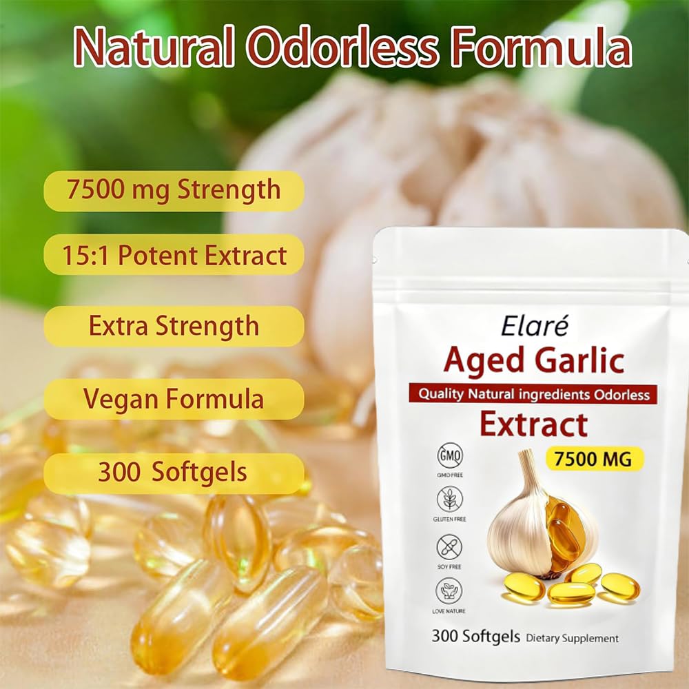 Elare aged garlic softgels being poured for easy daily support without odor
