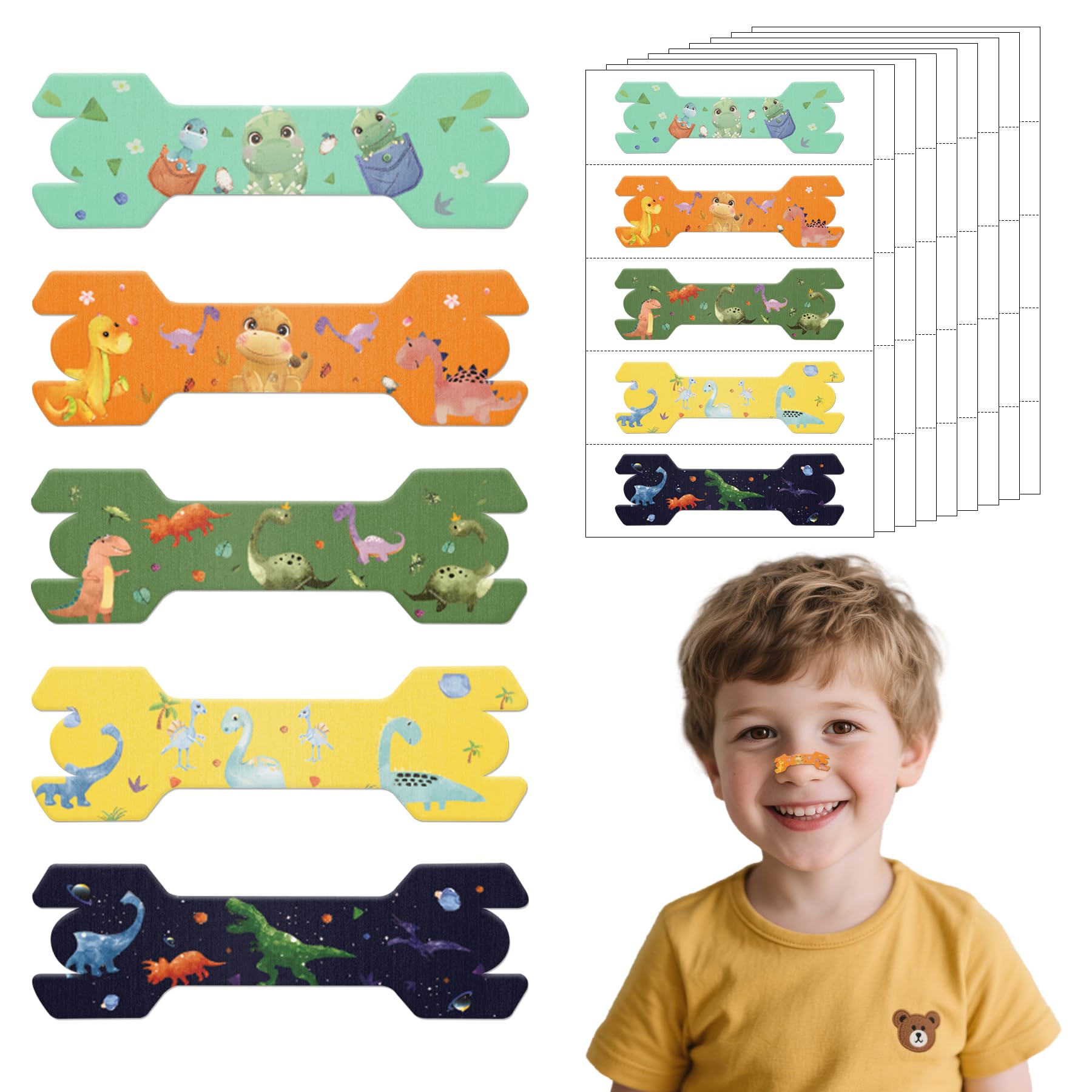 ElasignShopo kids nasal strip on nose with cartoon pattern supports nighttime breathing.