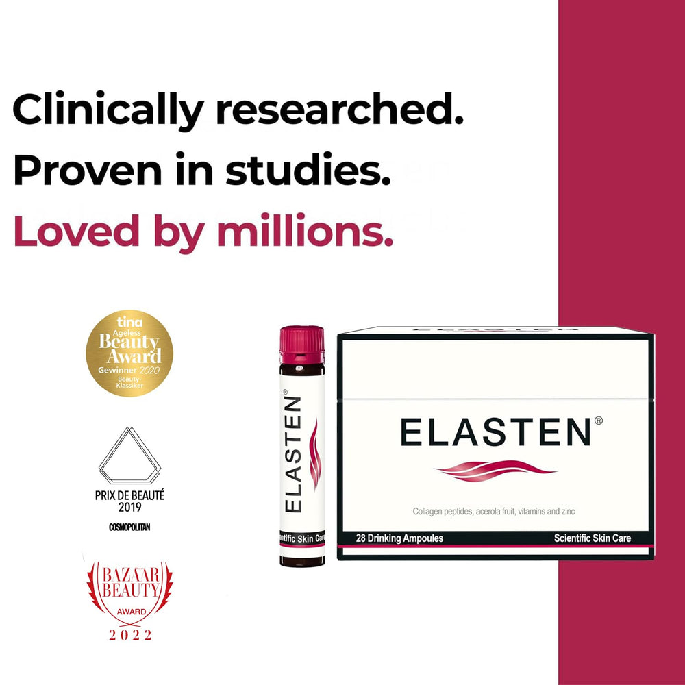 Elasten bottle with glossy label highlights hydrolyzed collagen and easy absorption.