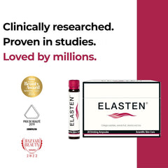 Elasten bottle with glossy label highlights hydrolyzed collagen and easy absorption.