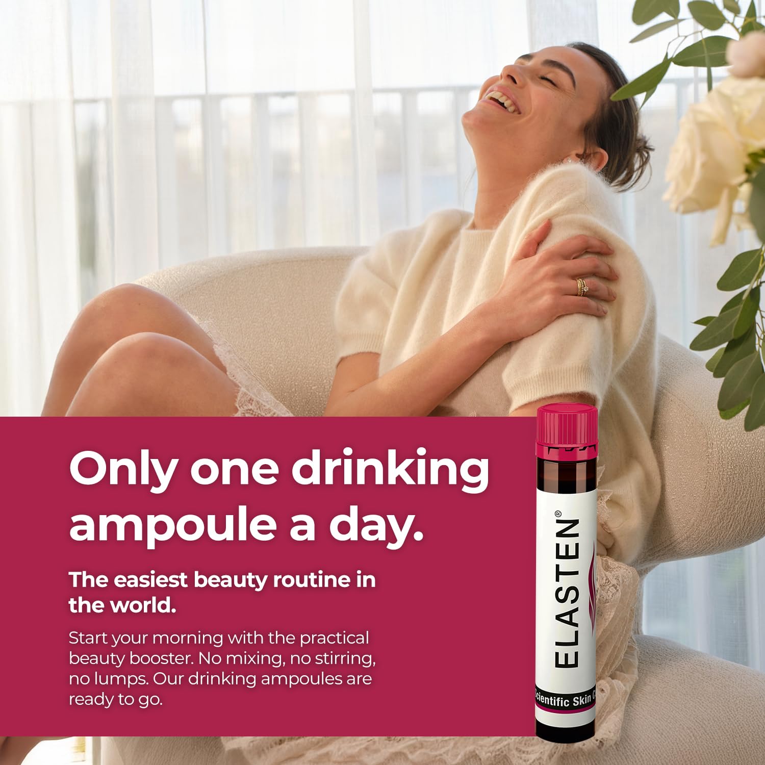 Elasten glow demonstration suggests improved skin tone and firmness on arms and décolleté.