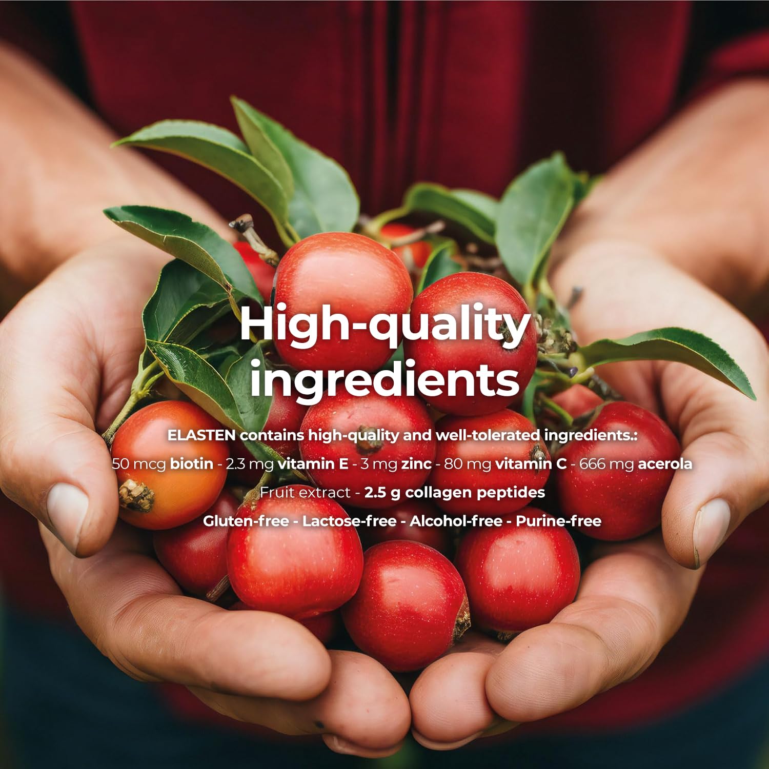 Elasten ingredients graphic showcases collagen peptides and vitamins supporting skin structure.