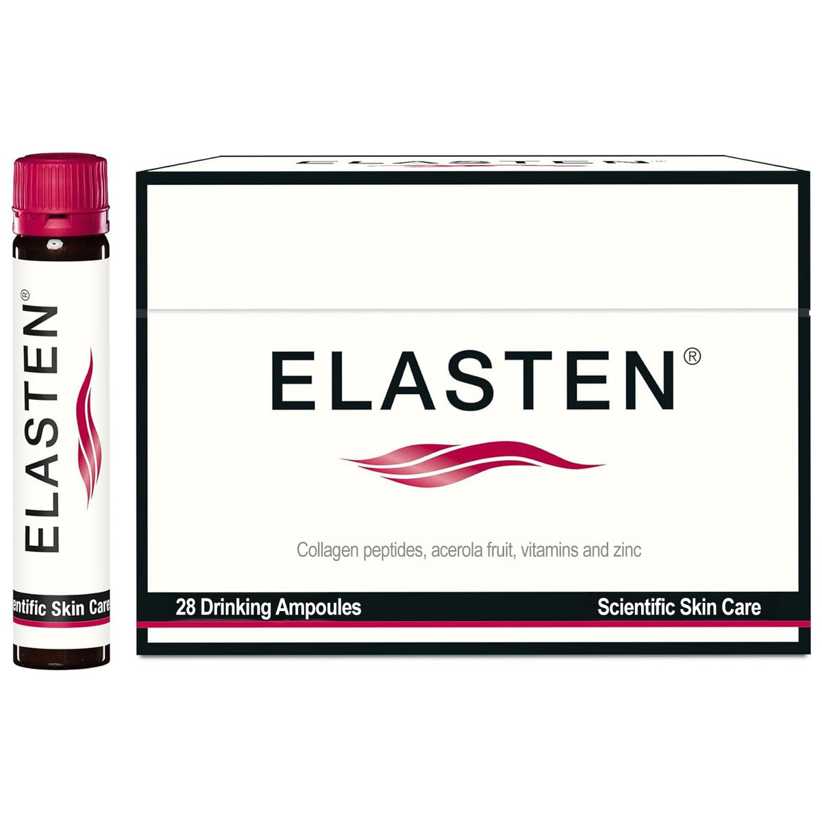 Elasten liquid collagen ampoules close-up bottle shows premium skin support for at-home use.