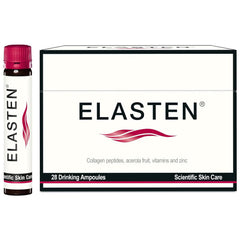 Elasten liquid collagen ampoules close-up bottle shows premium skin support for at-home use.