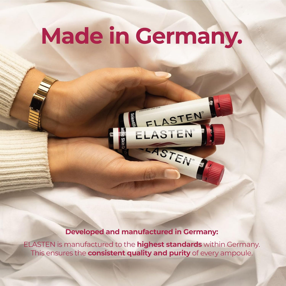 Elasten vitamins panel emphasizes antioxidants C and E for skin protection.