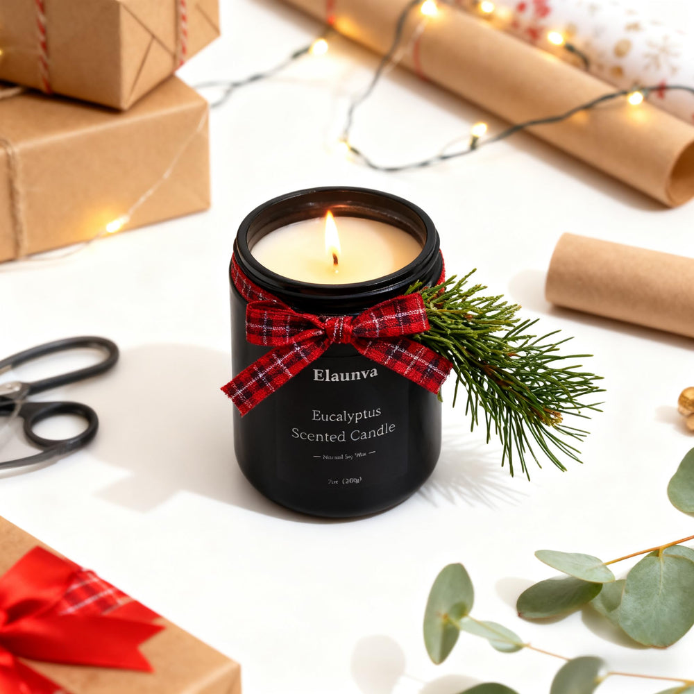 Close-up of Elaunva eucalyptus candle label showing premium packaging.
