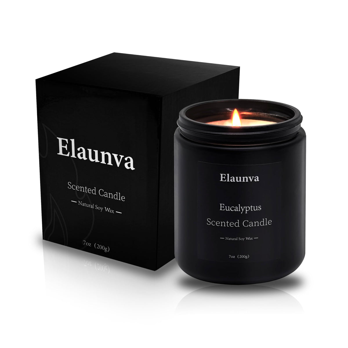 Elaunva eucalyptus candle in a black glass jar for a clean, natural ambiance.