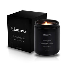 Elaunva eucalyptus candle in a black glass jar for a clean, natural ambiance.