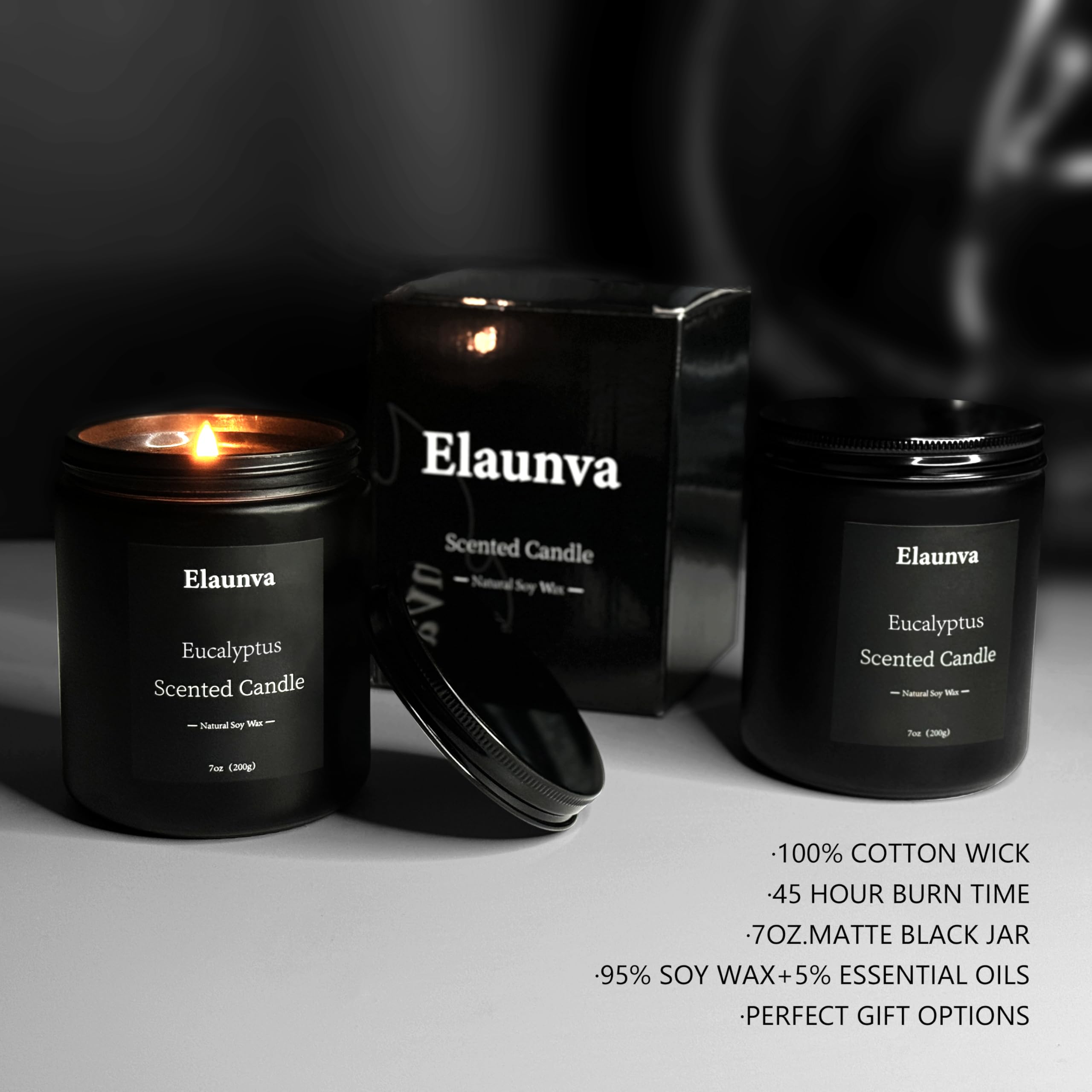 Natural soy wax Elaunva candle highlighting clean burn and eco friendliness.