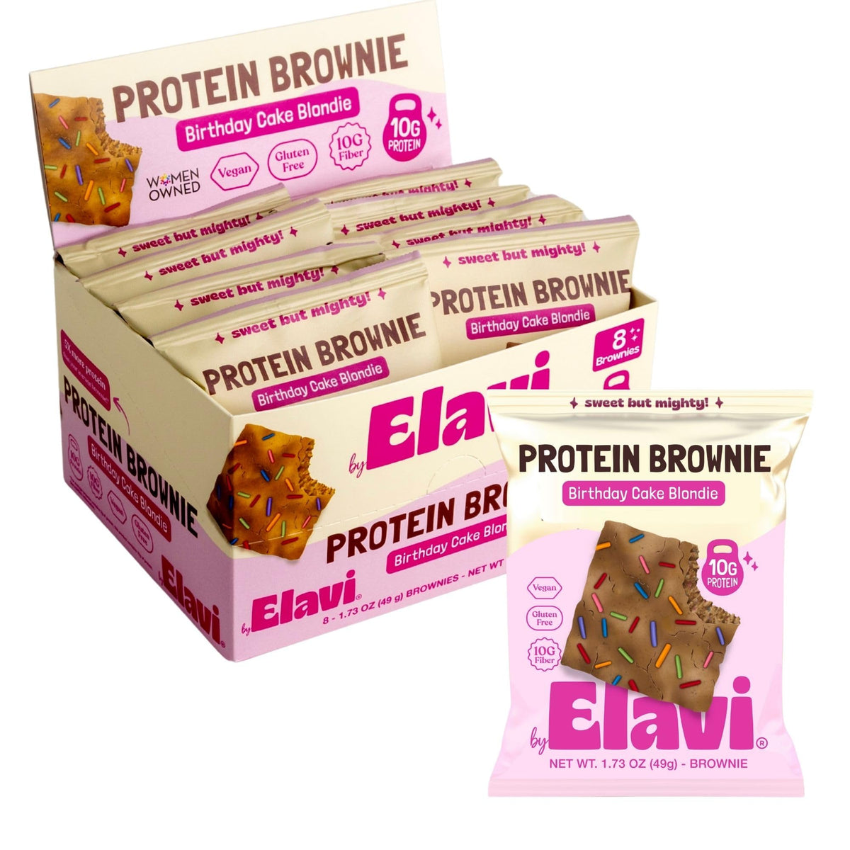 ELAVI Birthday Cake Blondie brownie in-pack, protein-packed snack for busy days