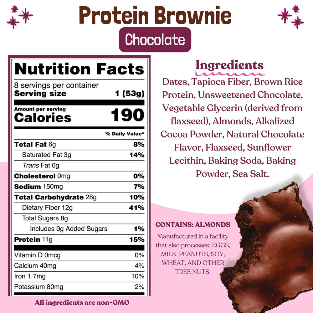 ELAVI Protein Brownie plated serving, rich chocolate color and chewy texture, great post-workout snack