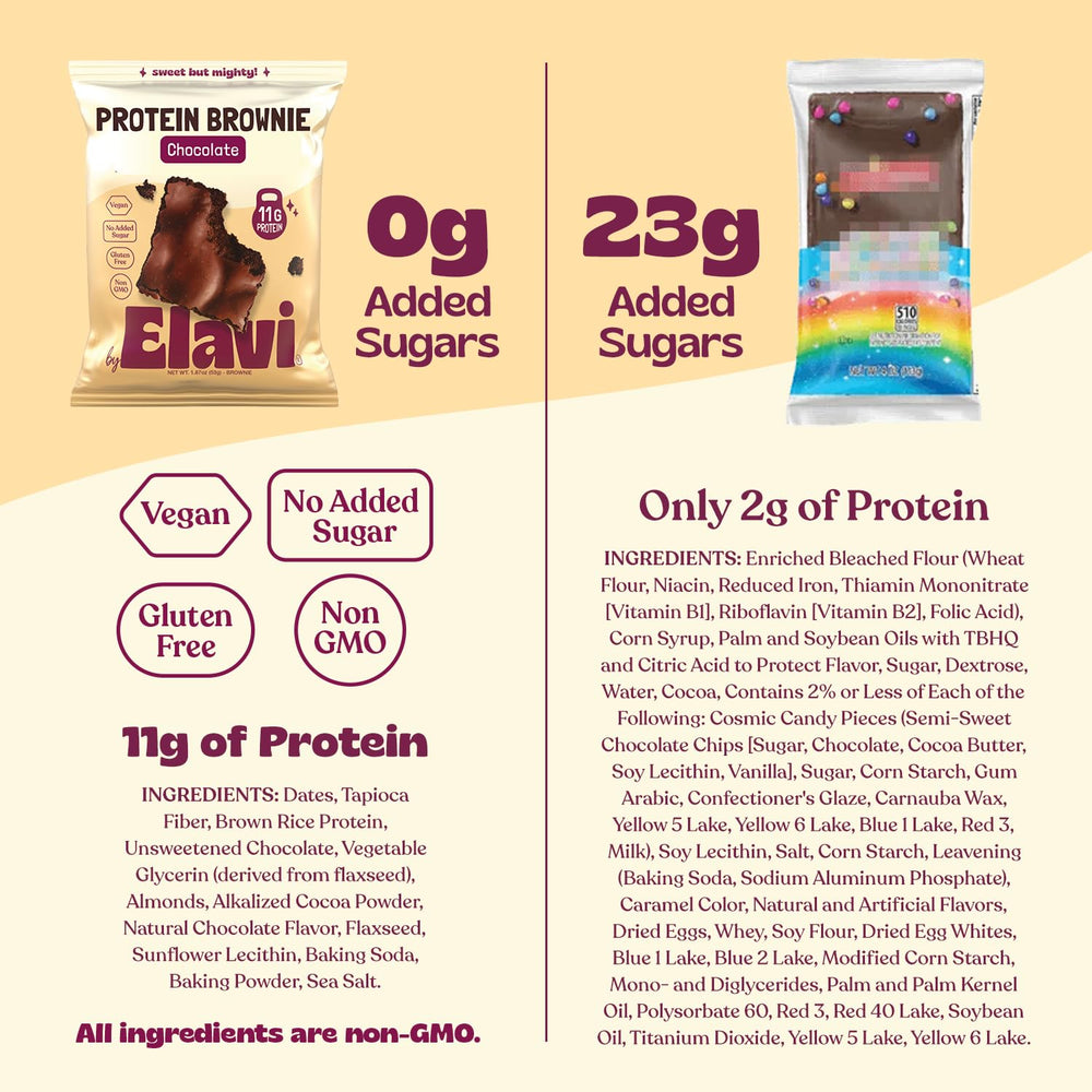 ELAVI Protein Brownie vegan gluten-free label, suitable for restricted diets