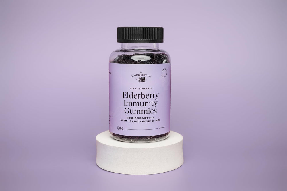The Elderberry Co. bottle and gummies showcase convenient daily immune support.