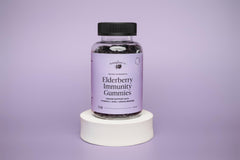 The Elderberry Co. bottle and gummies showcase convenient daily immune support.