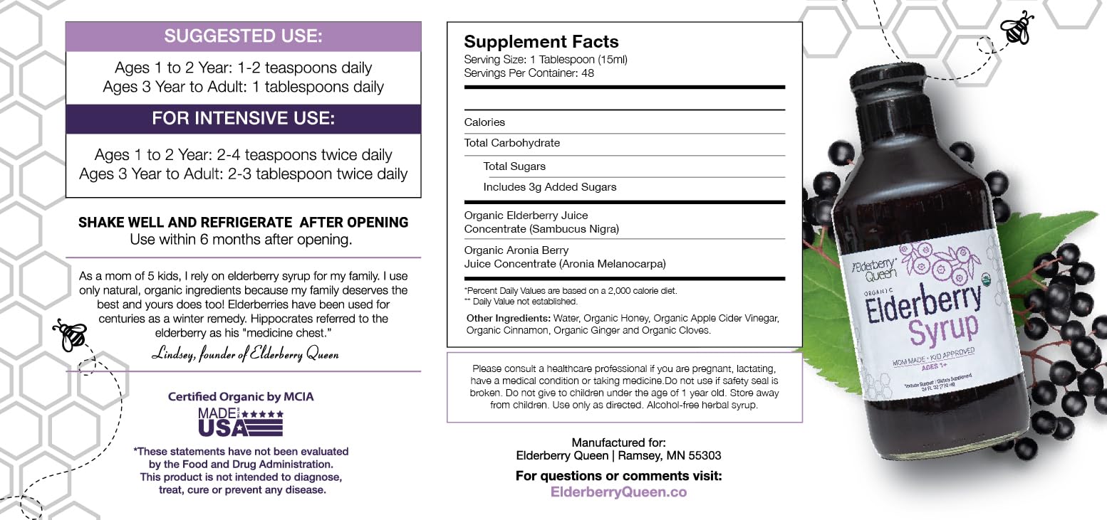 Elderberry Queen bottle label close-up highlighting organic certification.