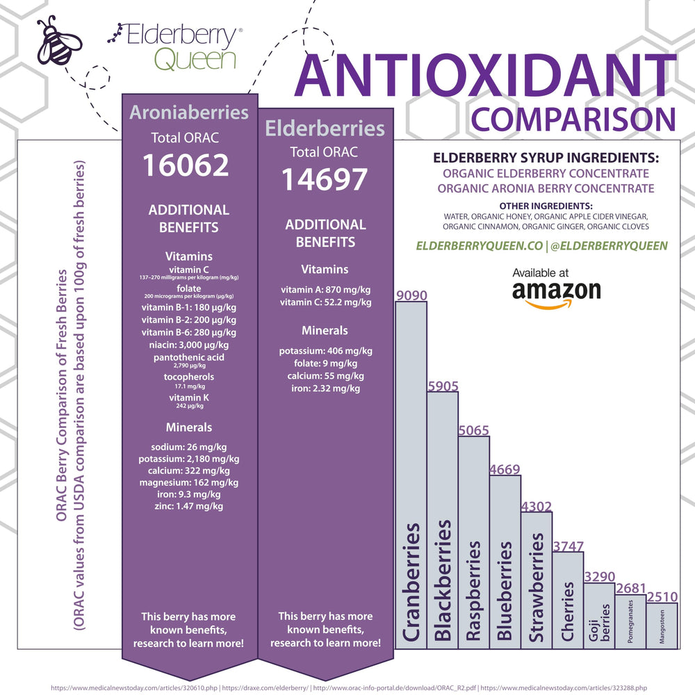 Elderberry Queen elderberry and aronia close-up, showcases key botanicals.