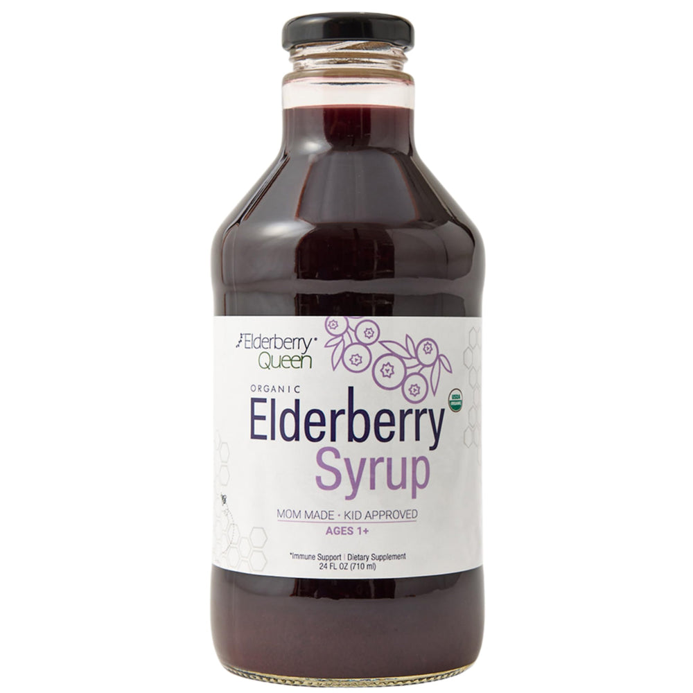 Elderberry Queen bottle with organic label, showcasing pure elderberry syrup for daily support.