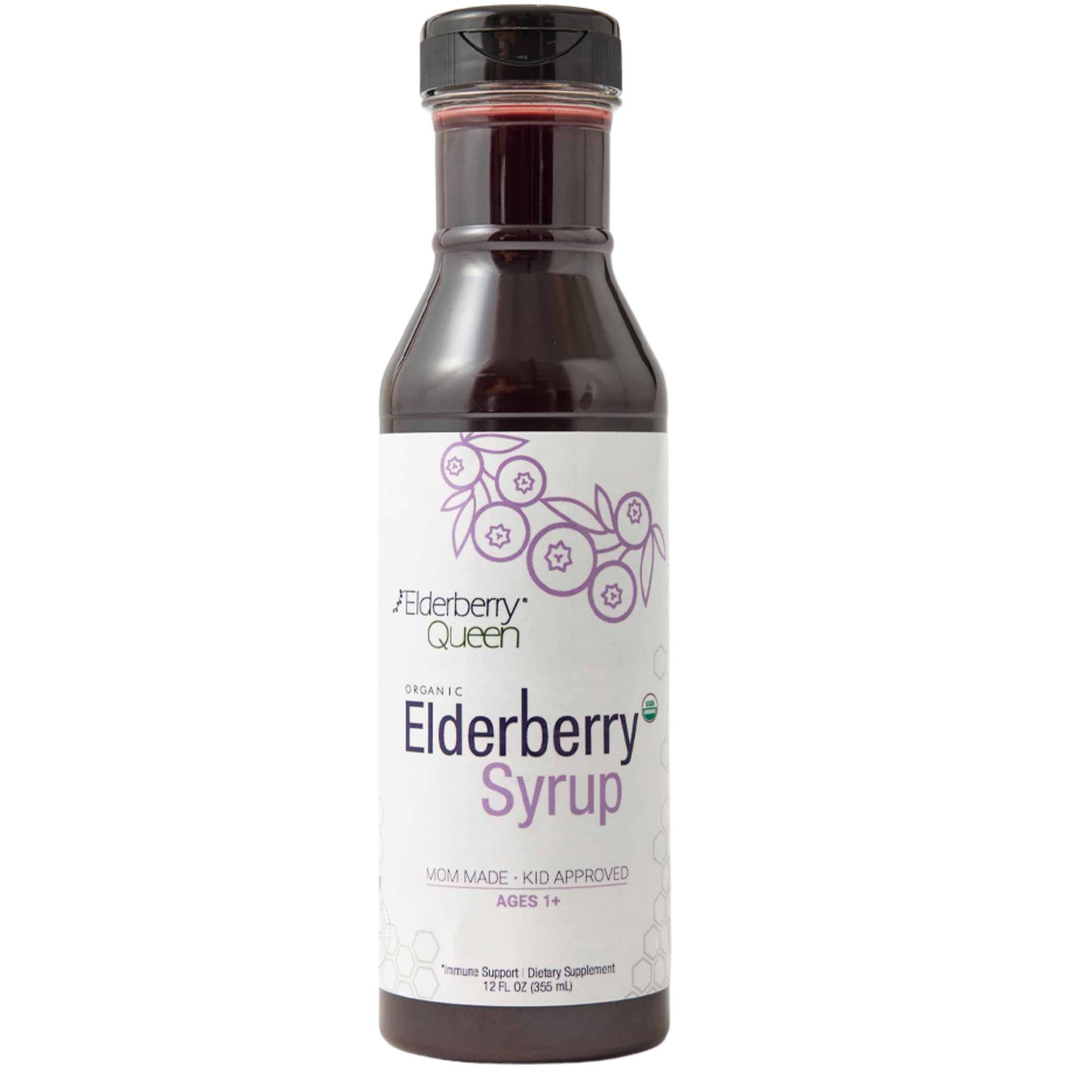 Elderberry Queen Organic Elderberry Syrup bottle front, ideal for daily immune routines.