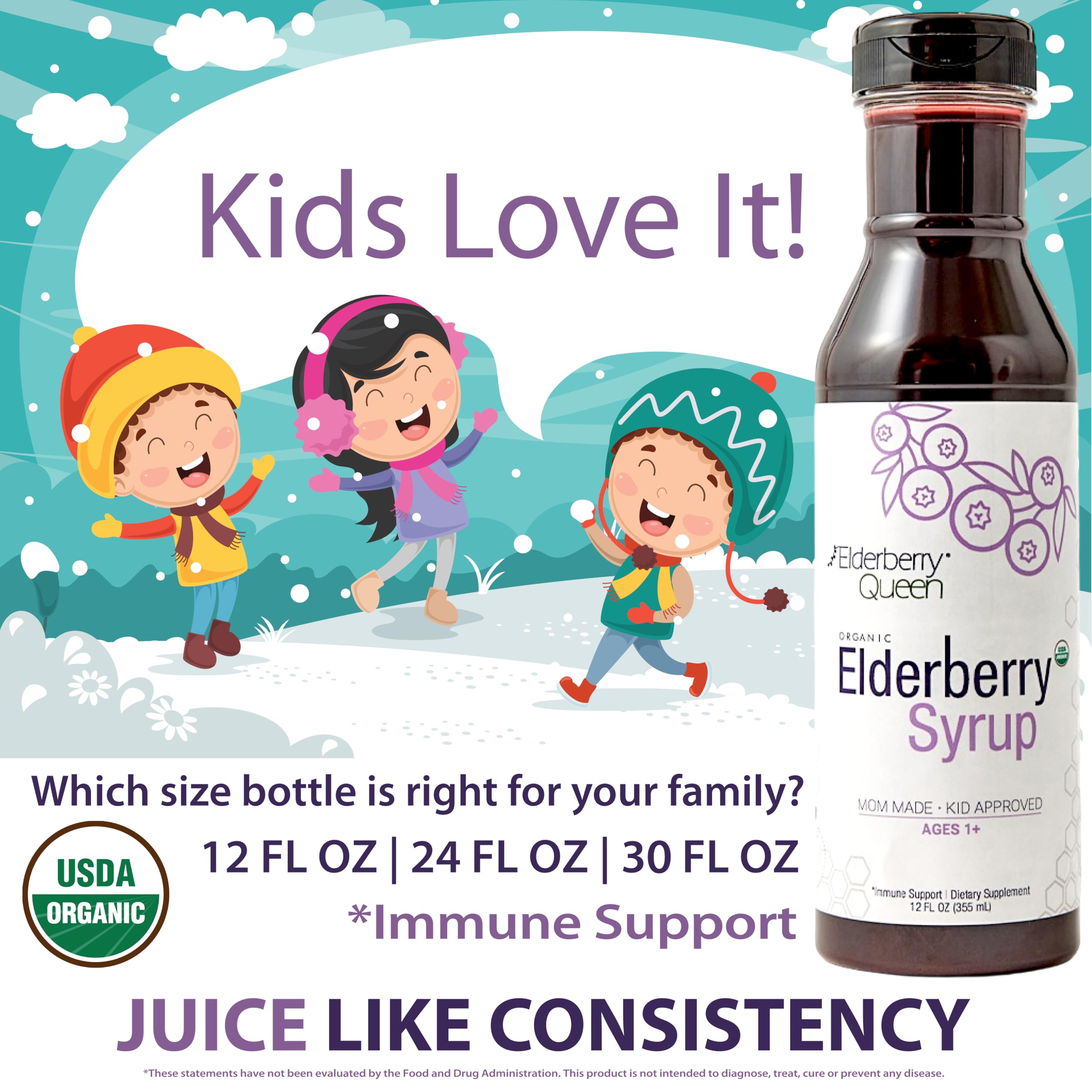 Elderberry Queen USA-made badge and organic seal on label.