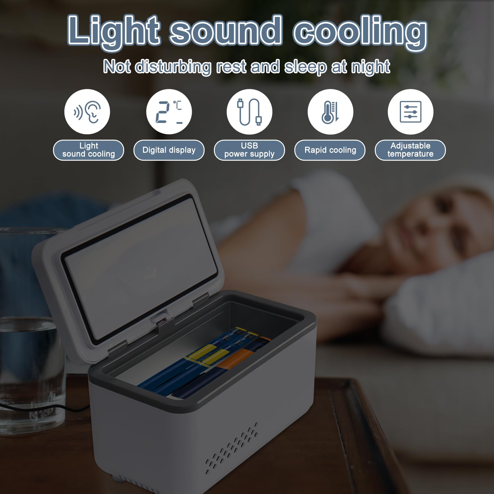 Electric insulin cooler travel case compact design fits 3–5 insulin pens.