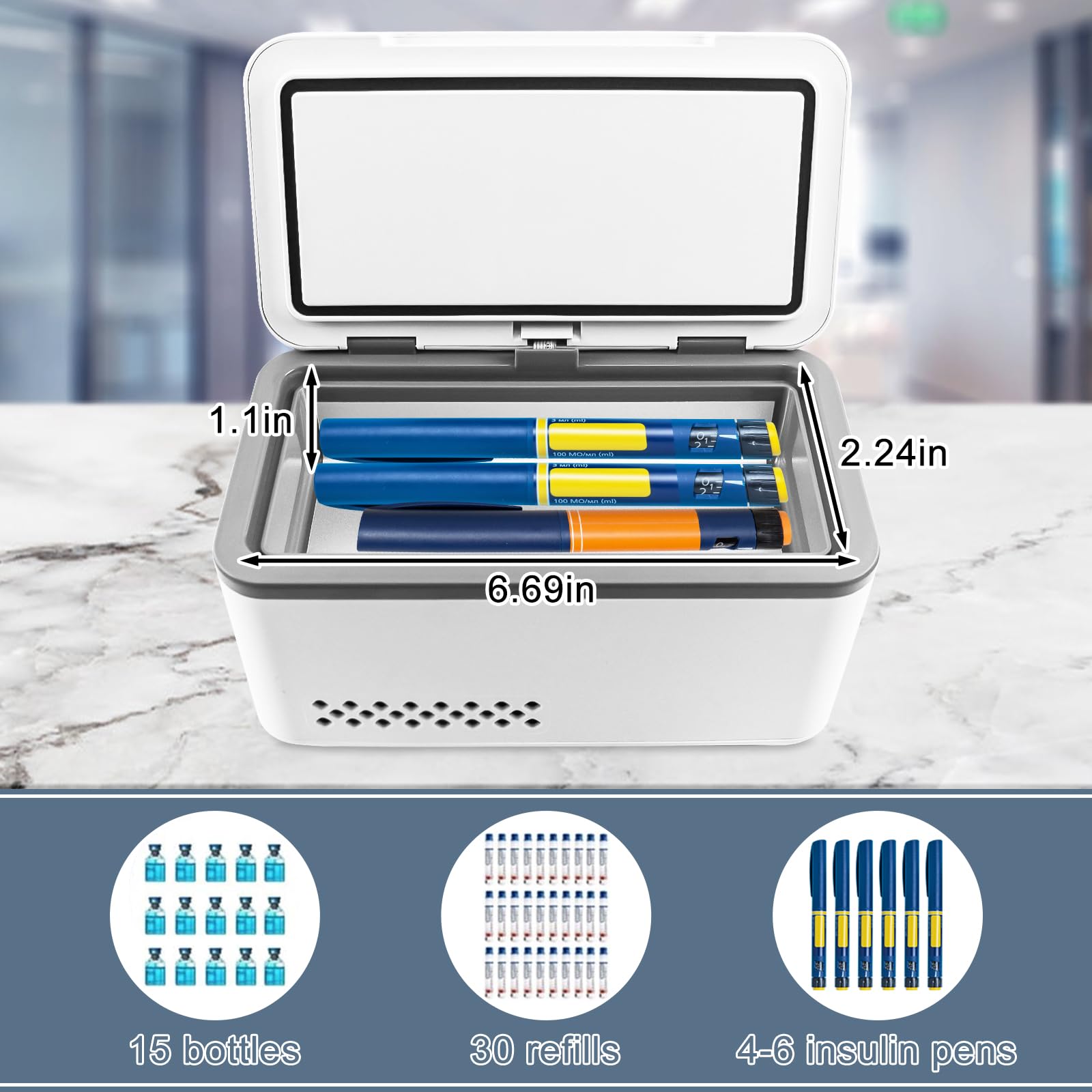Electric insulin cooler travel case showing 0–18°C temperature control.