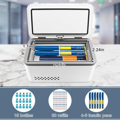 Electric insulin cooler travel case showing 0–18°C temperature control.