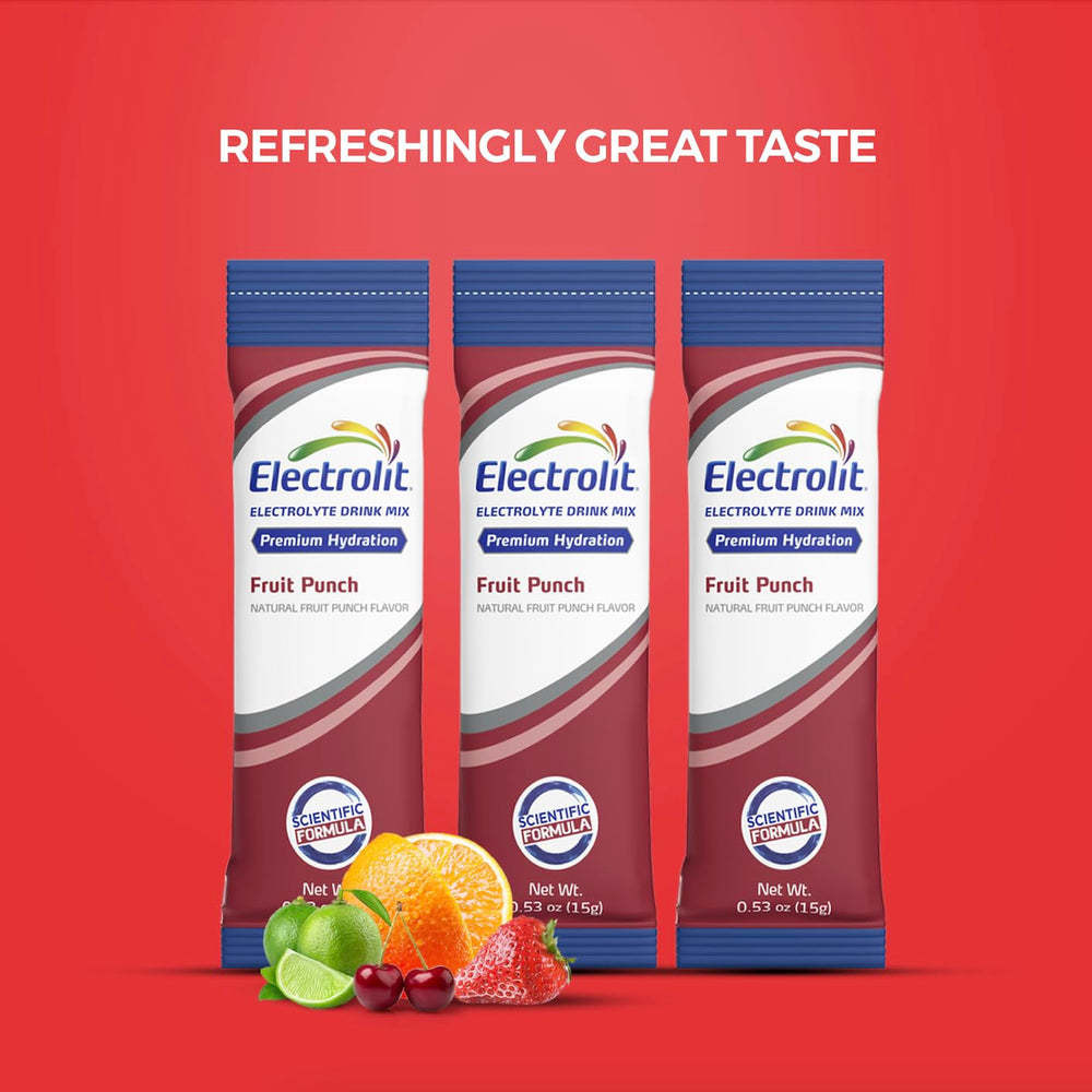 Electrolit Fruit Punch mix provides tasty hydration after workouts.