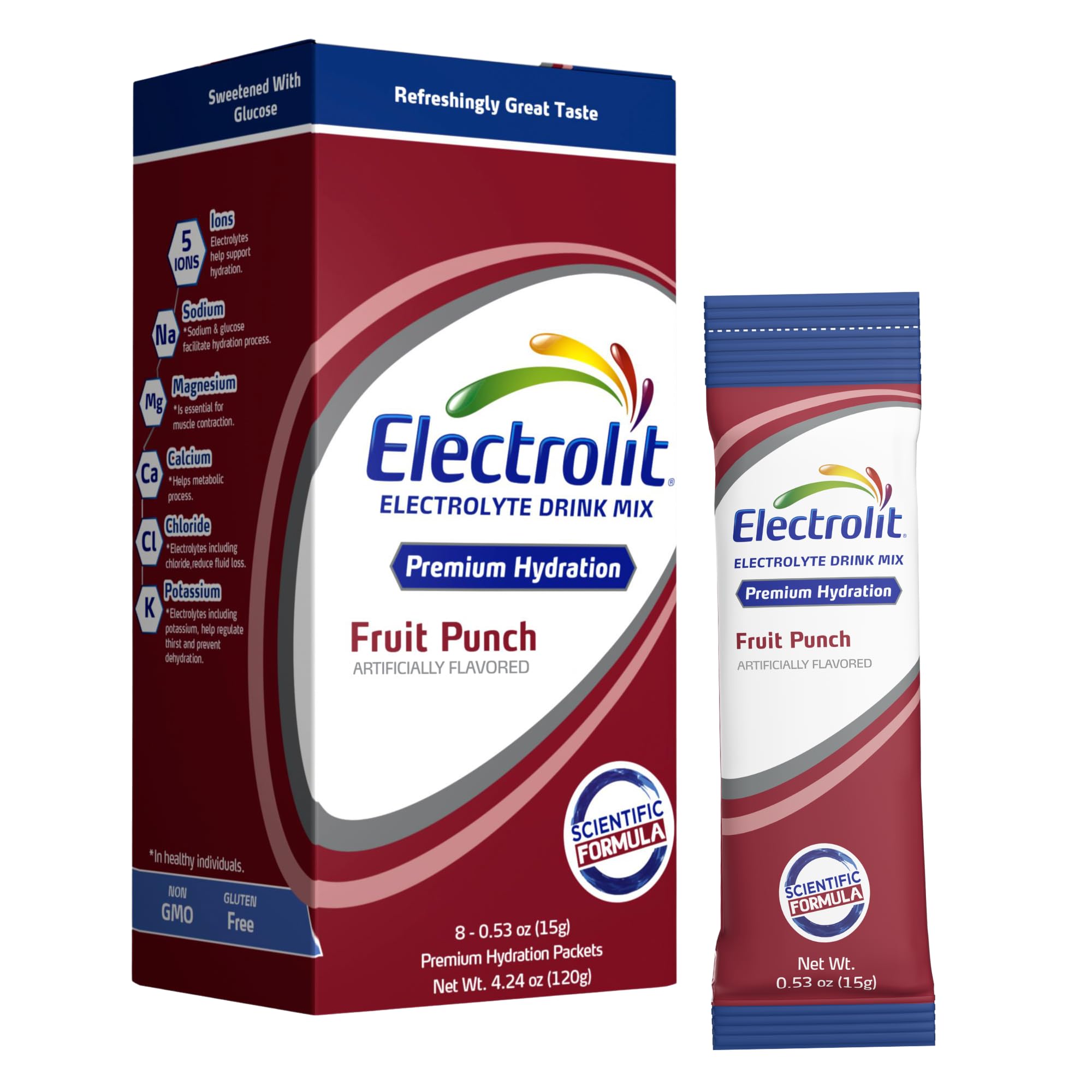 Electrolit Fruit Punch packets in a compact 8-pack for quick on-the-go hydration.