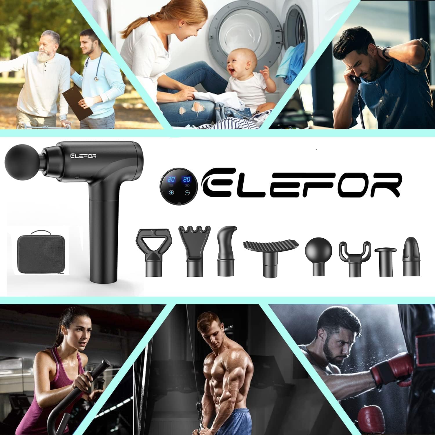 Elefor eight-heads massage gun with compact travel case.