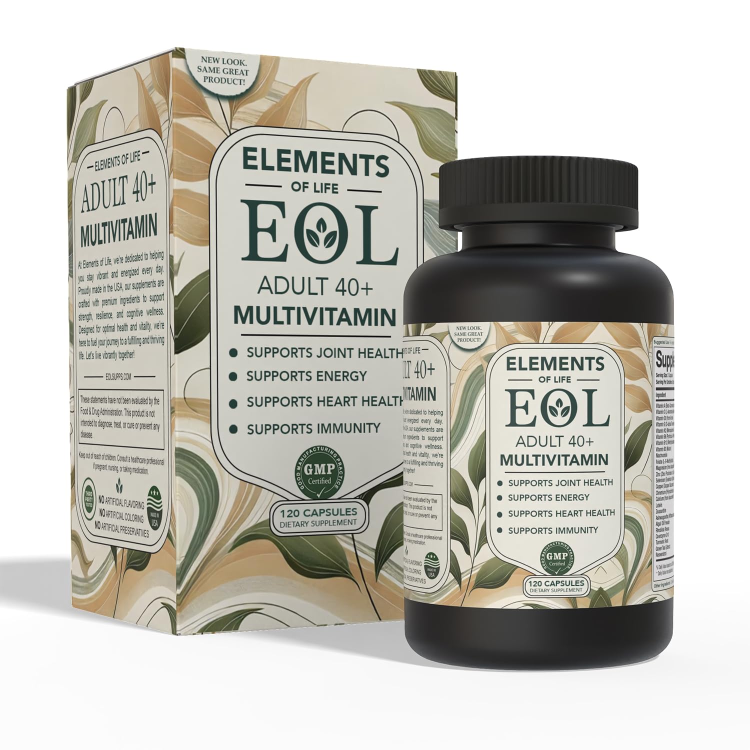 Elements of Life 40+ multivitamin bottle showing capsules for daily energy support