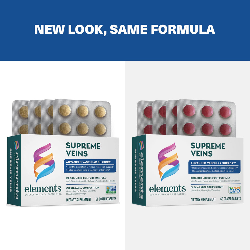 Elements Supreme Veins tablet close-up showing compact capsules for easy dosing